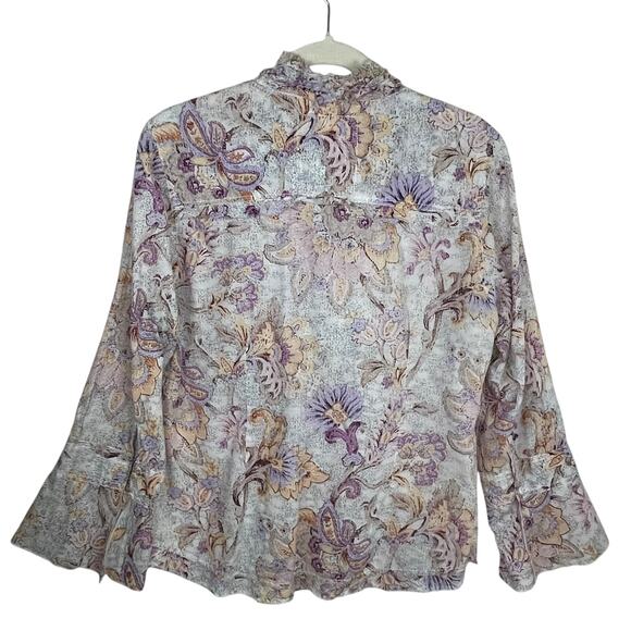 Cino Ruffle Front Blouse Floral Print Button Down Velvet Tie Size L - Picture 2 of 14